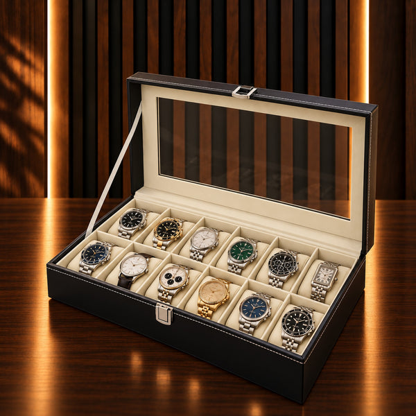Boîte à montres 12 emplacements en similicuir noir – vue principale, couvercle ouvert