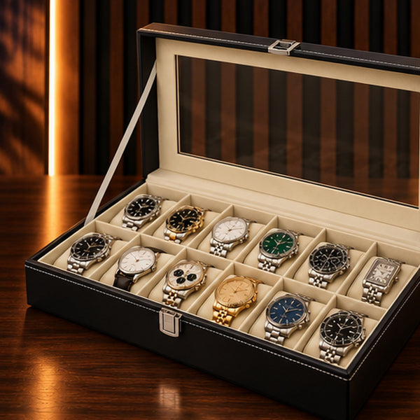 Boîte à montres 12 emplacements en similicuir noir – couvercle transparent ouvert, montres sur coussins