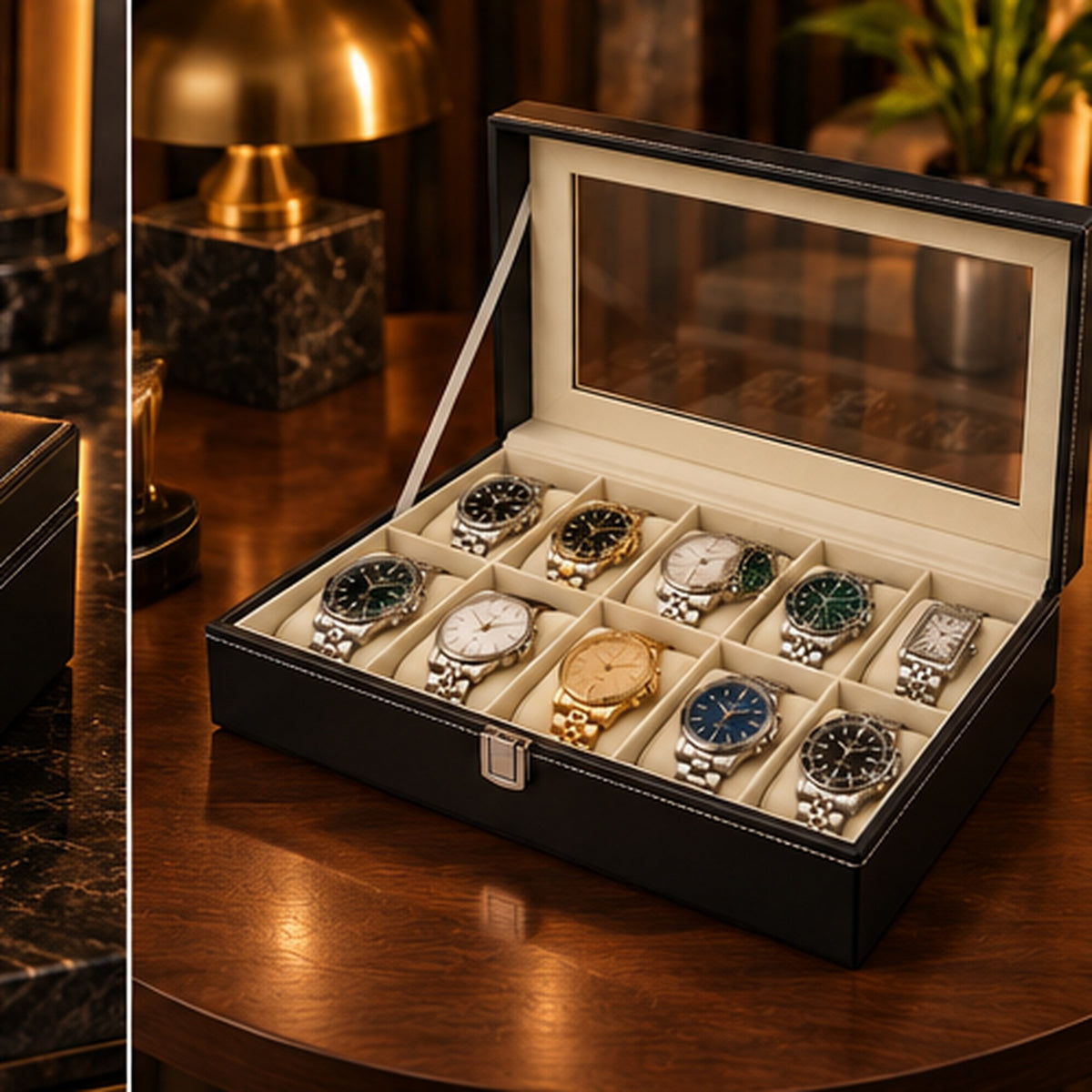 Boîte à montres 12 emplacements en similicuir noir – couvercle fermé