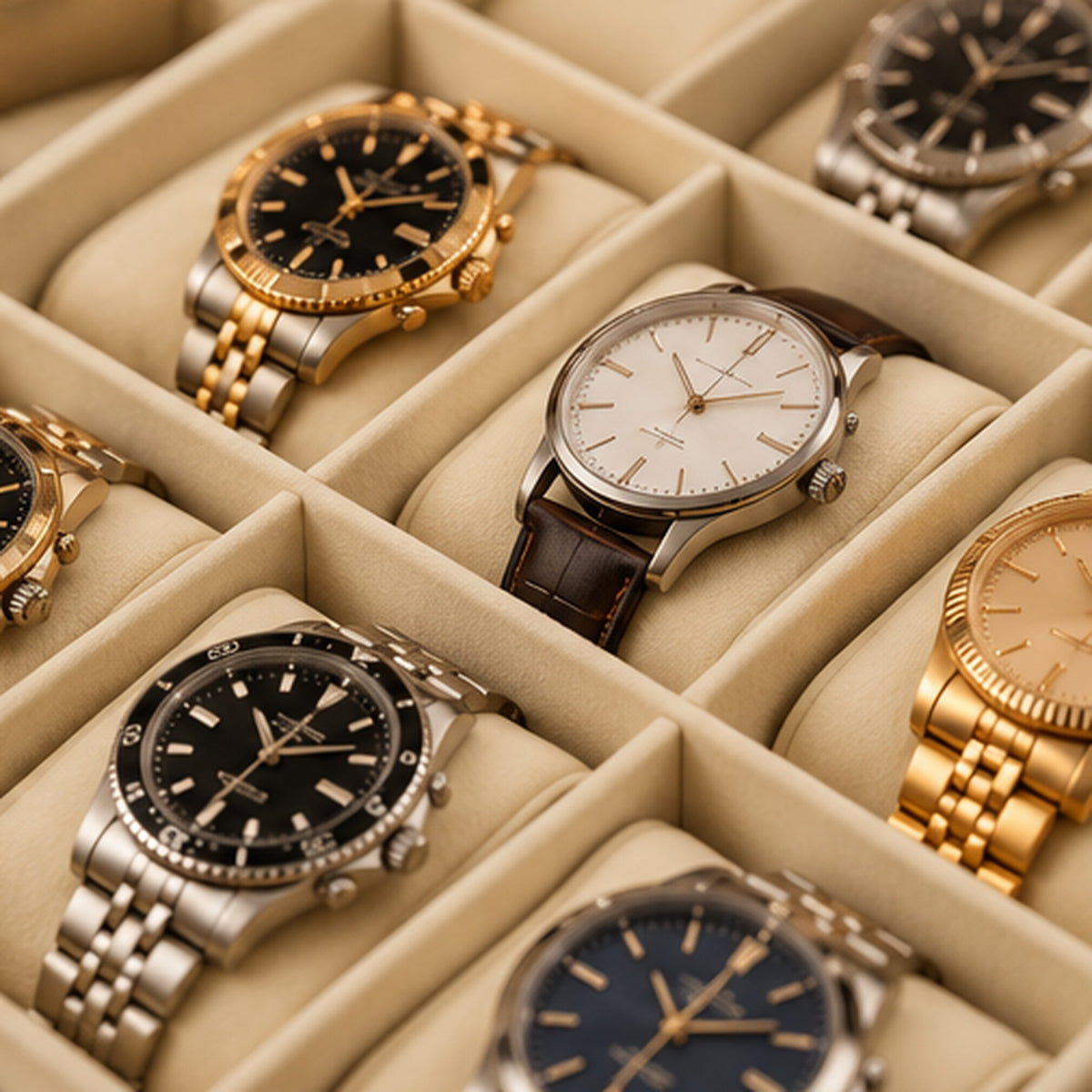 Boîte à montres 12 emplacements en similicuir noir – posée sur un meuble, mise en situation