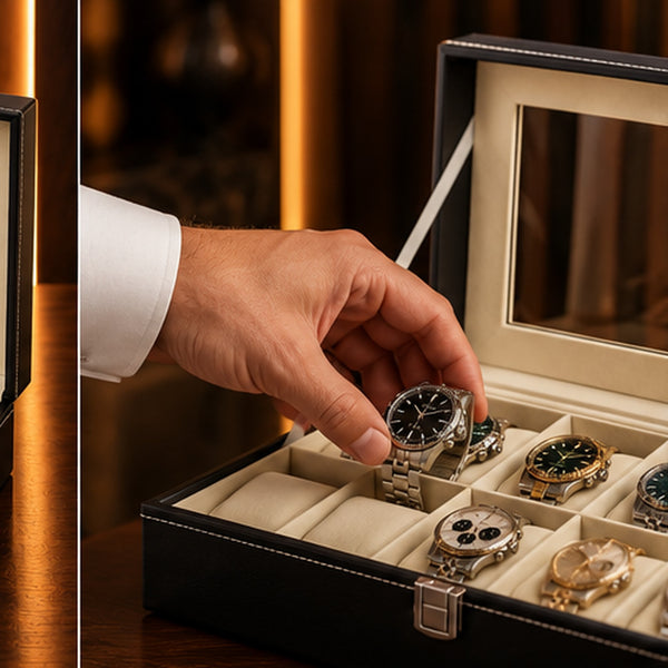 Boîte à montres 12 emplacements en similicuir noir – mise en situation dans un intérieur