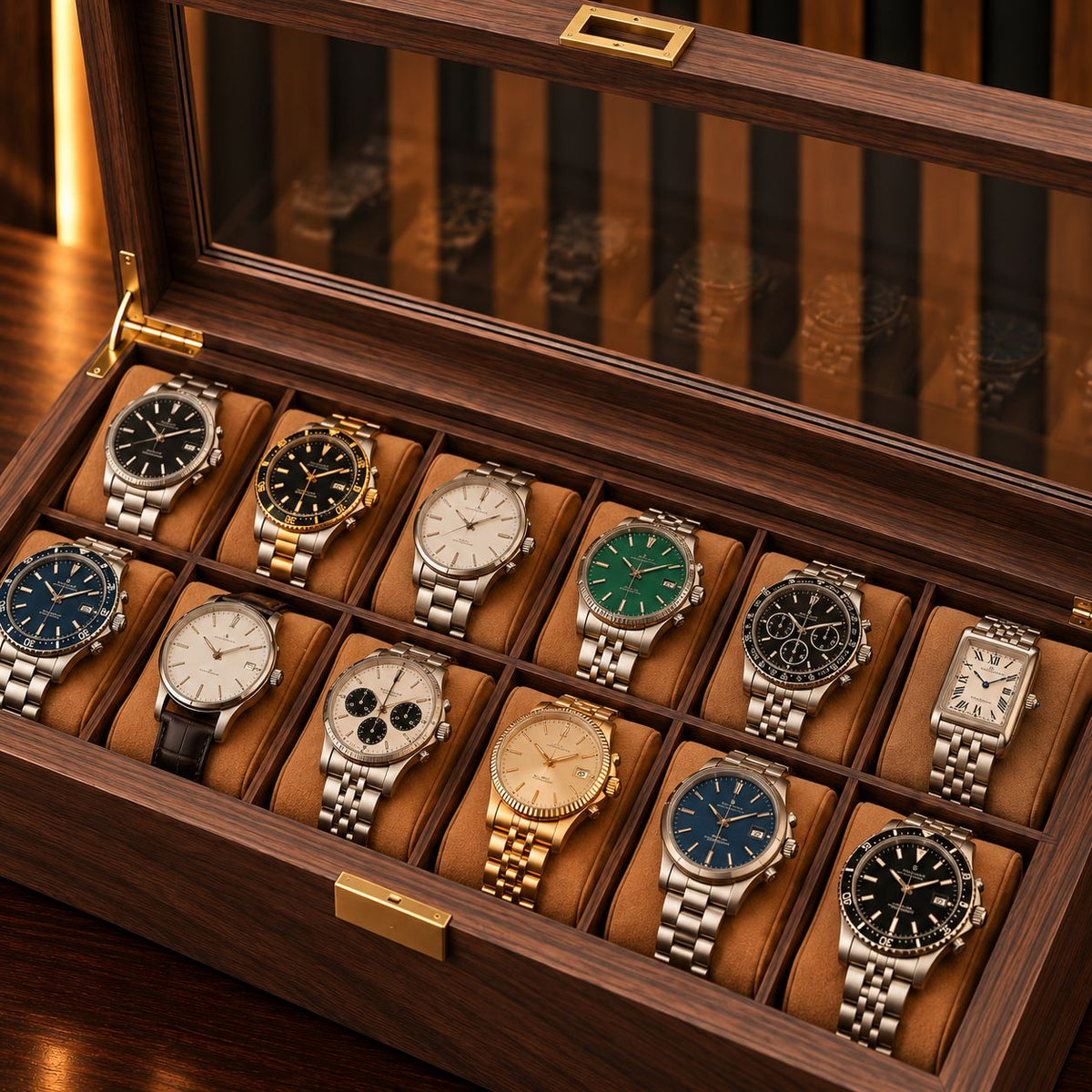 Boîte à montres 12 emplacements, gros plan sur les coussins et les montres installées – Complications Paris