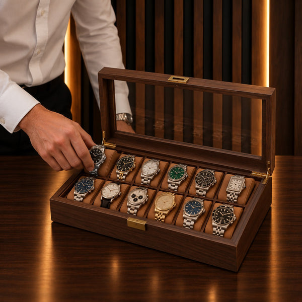 Main déposant une montre automatique sur le coussin d'une boîte à montres 12 emplacements – Complications Paris