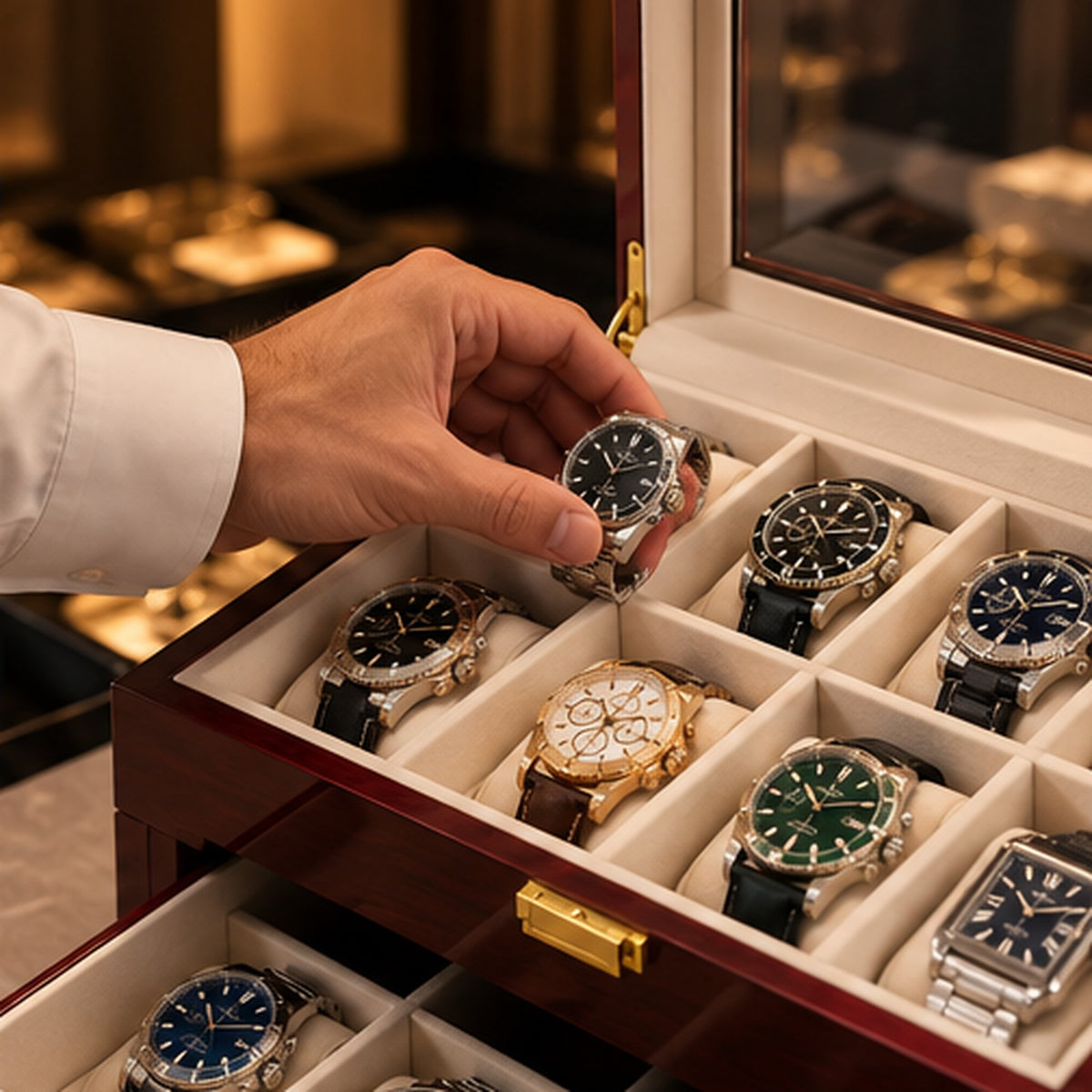 Boîte à montres 20 emplacements bois laqué bordeaux – une main prend une montre dans le tiroir Image