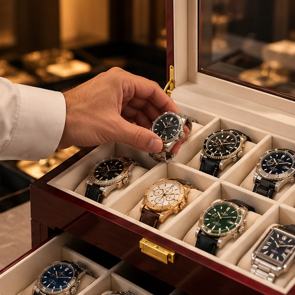 Boîte à montres 20 emplacements bois laqué bordeaux – une main prend une montre dans le tiroir