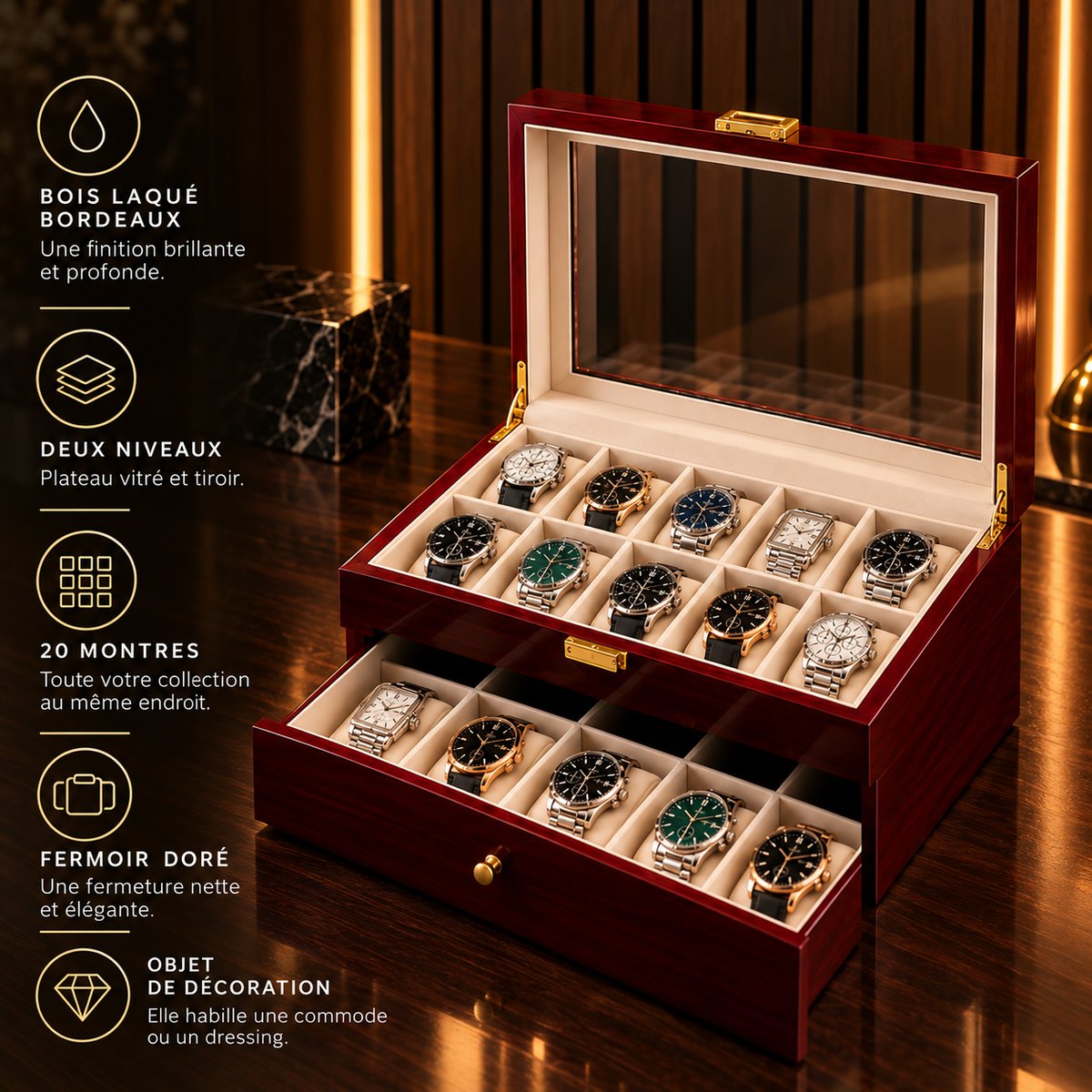 Boîte à montres 20 emplacements laqué bordeaux – caractéristiques : deux niveaux de dix, plateau vitré et tiroir, fermoir doré – Complications Paris