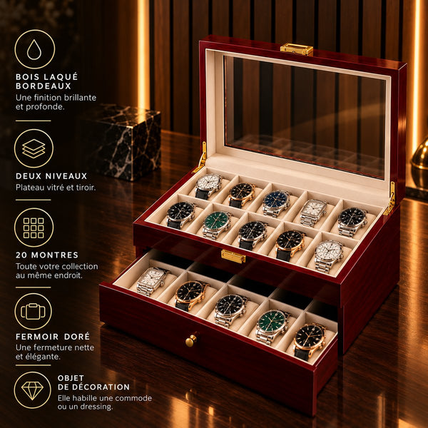 Boîte à montres 20 emplacements laqué bordeaux – caractéristiques : deux niveaux de dix, plateau vitré et tiroir, fermoir doré – Complications Paris