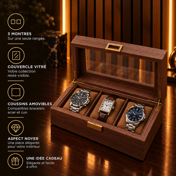 Boîte à montres 3 emplacements aspect noyer – caractéristiques : couvercle vitré, coussins amovibles – Complications Paris