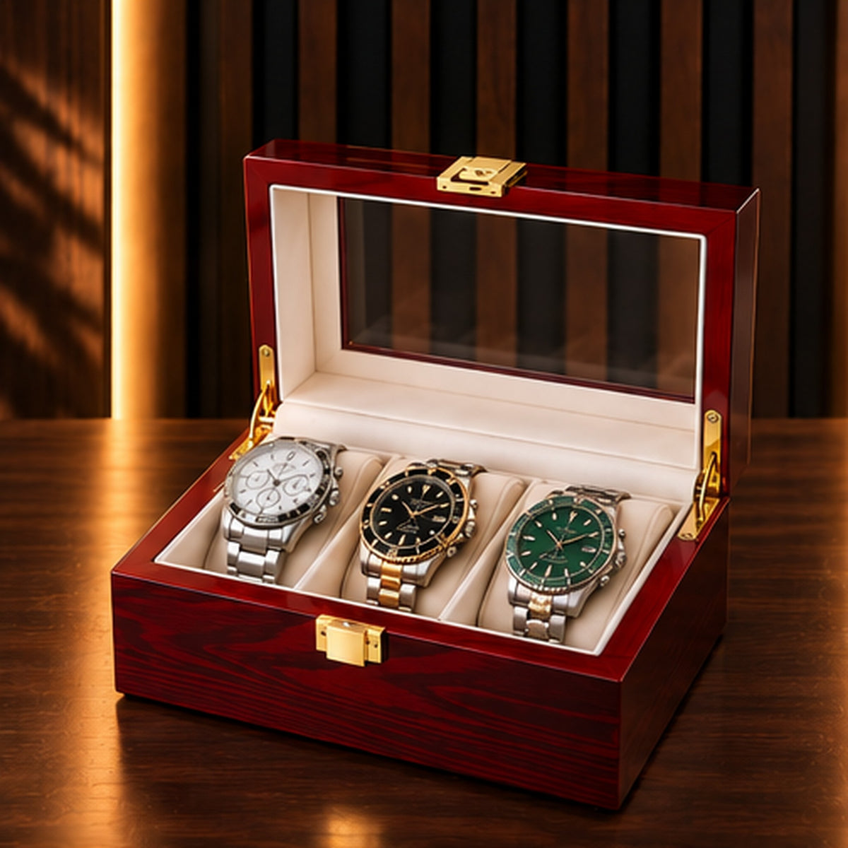 Boîte à montres 3 emplacements en bois laqué bordeaux – couvercle transparent ouvert, montres sur coussins