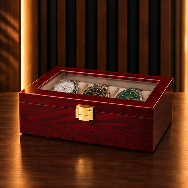 Boîte à montres 3 emplacements en bois laqué bordeaux – couvercle fermé