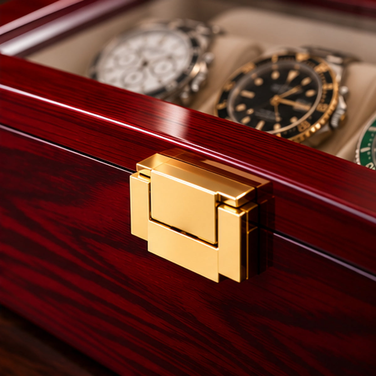 Boîte à montres 3 emplacements en bois laqué bordeaux – détail du fermoir
