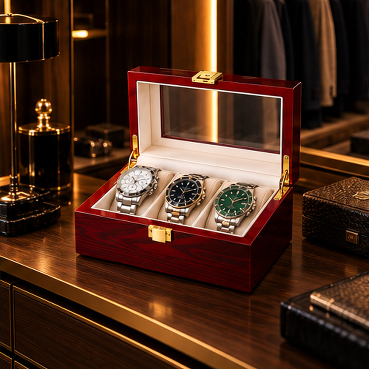 Boîte à montres 3 emplacements en bois laqué bordeaux – mise en situation dans un intérieur Image