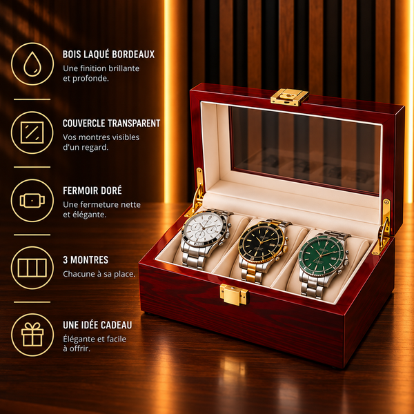 Boîte à montres 3 emplacements laqué bordeaux – caractéristiques : couvercle transparent, bois laqué brillant, fermoir doré – Complications Paris