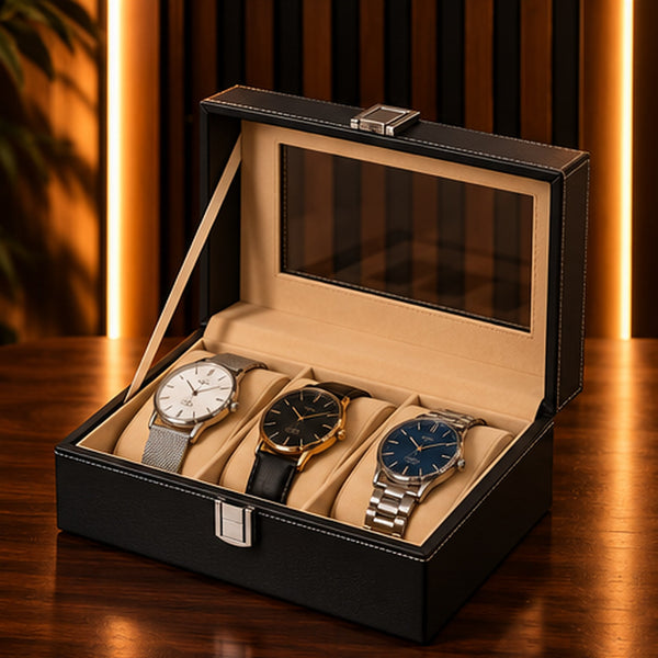 Boîte à montres 3 emplacements en similicuir noir – couvercle transparent ouvert, montres sur coussins