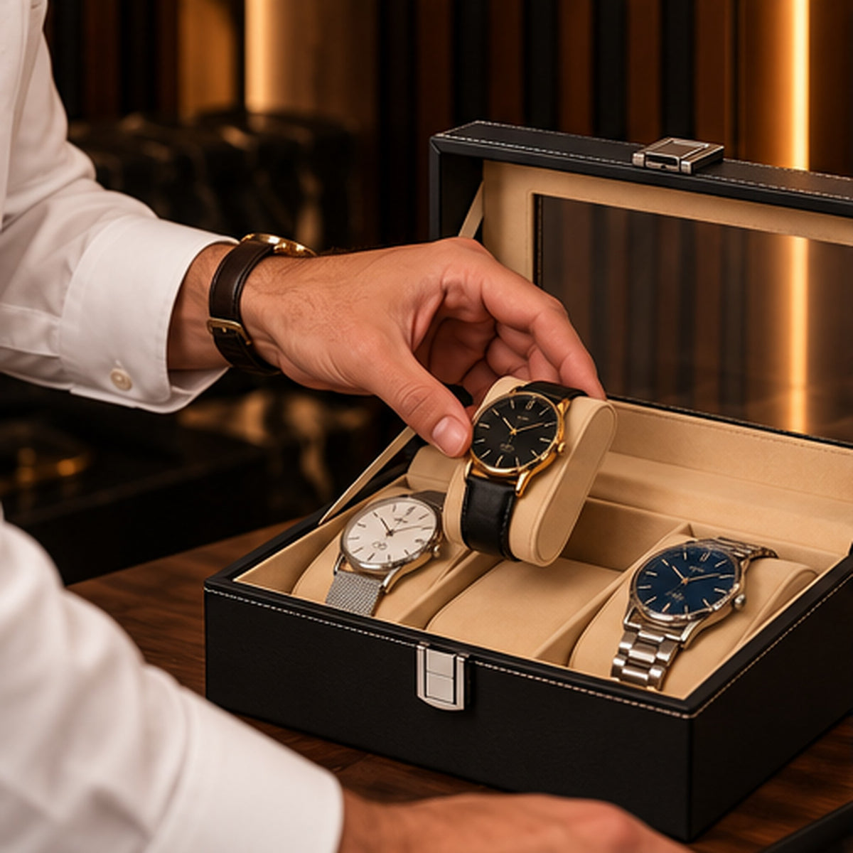 Boîte à montres 3 emplacements en similicuir noir – posée sur un meuble, mise en situation