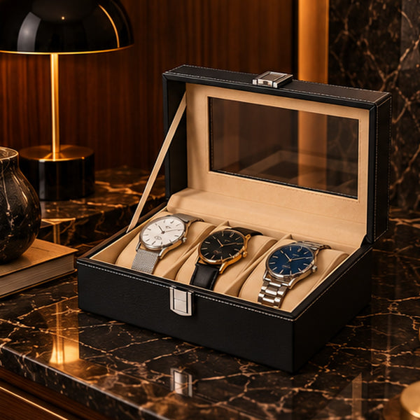 Boîte à montres 3 emplacements en similicuir noir – mise en situation dans un intérieur