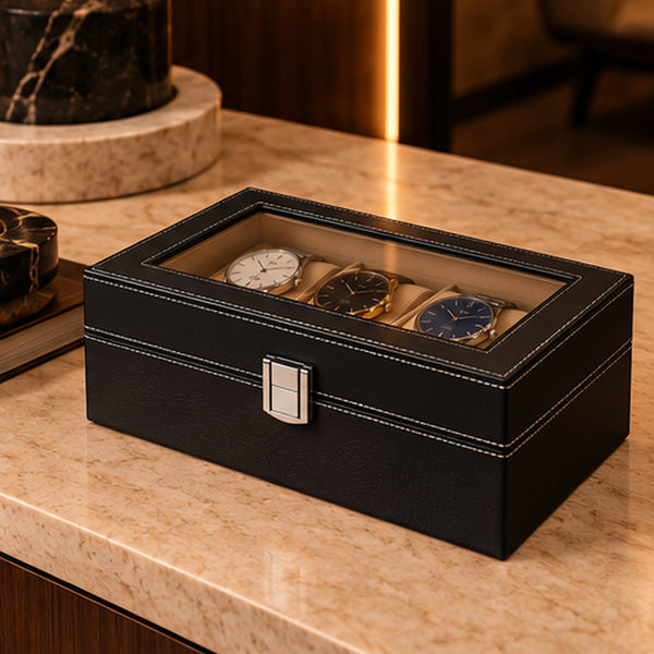 Boîte à montres 3 emplacements en similicuir noir – mise en situation dans un intérieur