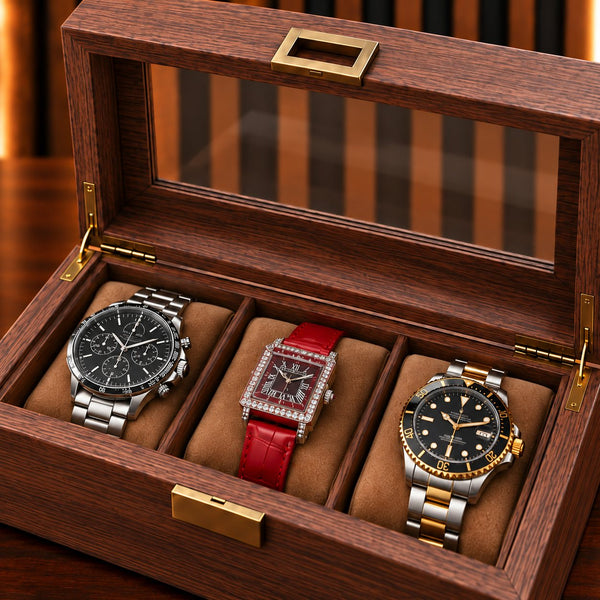 Boîte à montres 3 emplacements, gros plan sur les coussins et les montres installées – Complications Paris