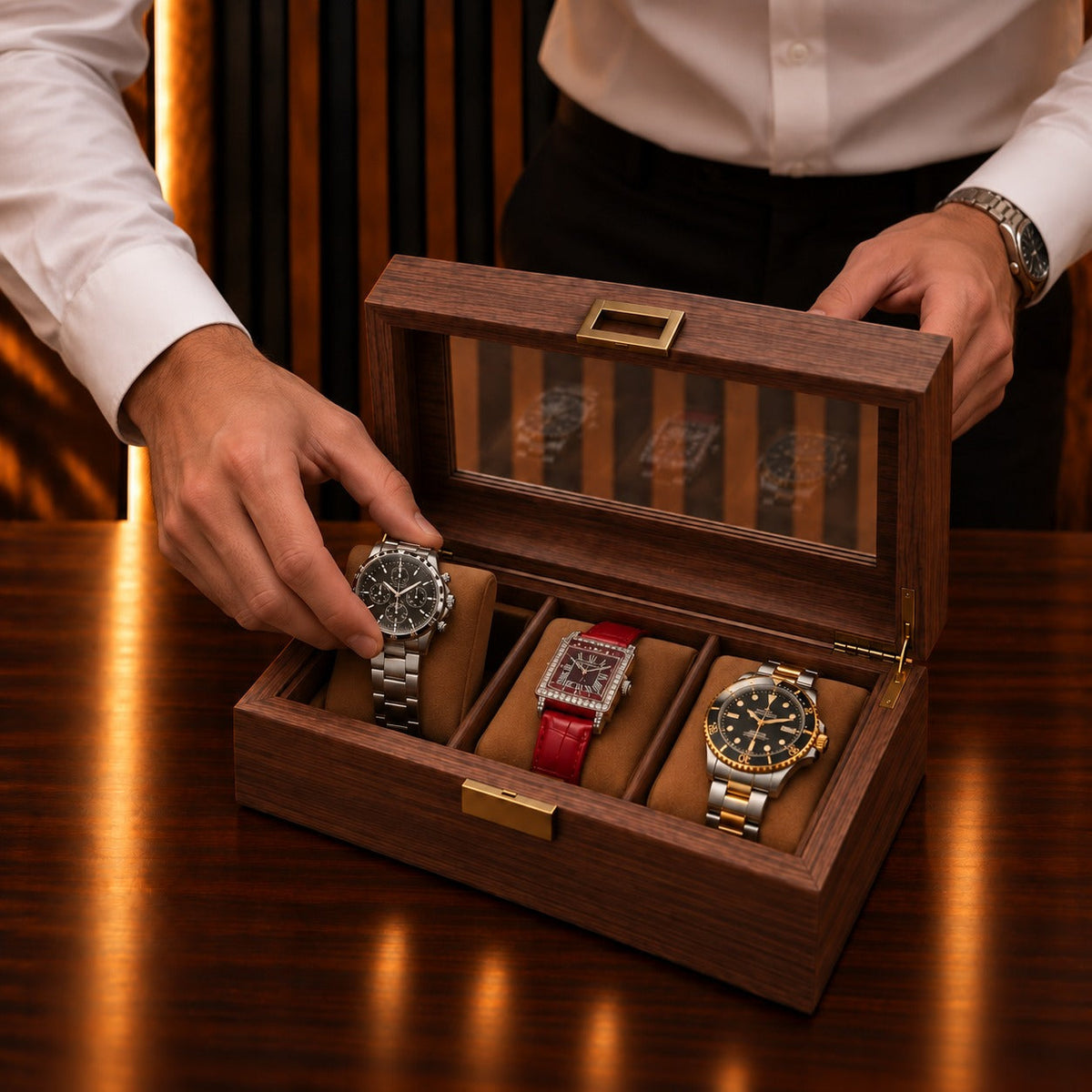Main déposant une montre automatique sur le coussin d'une boîte à montres 3 emplacements – Complications Paris