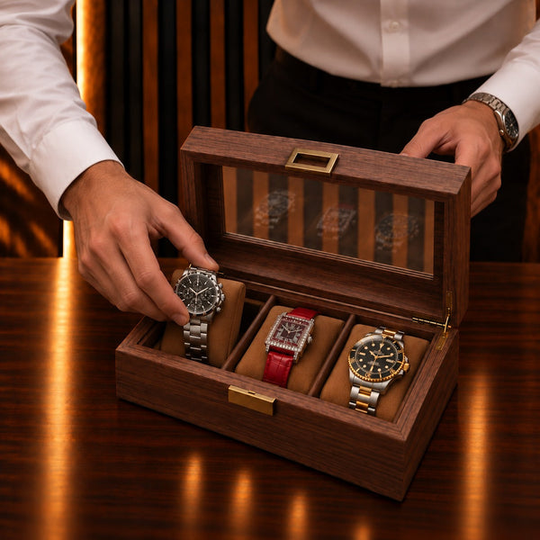 Main déposant une montre automatique sur le coussin d'une boîte à montres 3 emplacements – Complications Paris