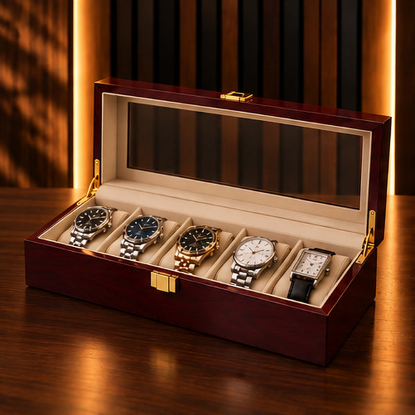 Boîte à montres 5 emplacements en bois laqué bordeaux – couvercle transparent ouvert, montres sur coussins