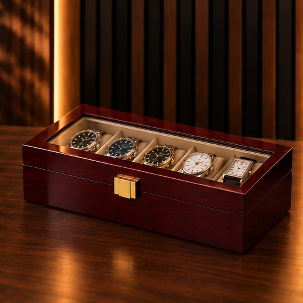 Boîte à montres 5 emplacements en bois laqué bordeaux – couvercle fermé