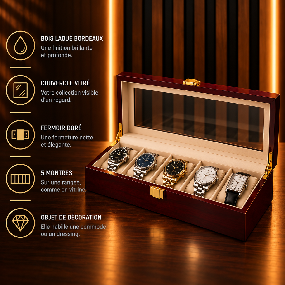 Boîte à montres 5 emplacements laqué bordeaux – caractéristiques : une rangée de cinq, bois laqué brillant, fermoir doré – Complications Paris