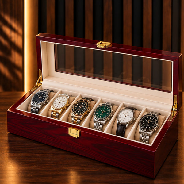 Boîte à montres 6 emplacements en bois laqué bordeaux – couvercle transparent ouvert, montres sur coussins