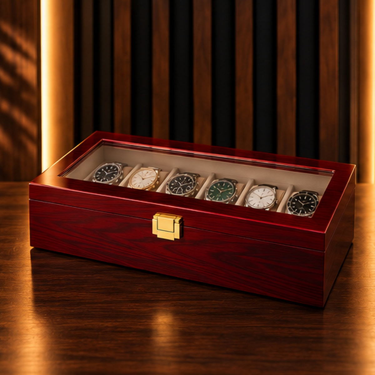 Boîte à montres 6 emplacements en bois laqué bordeaux – couvercle fermé