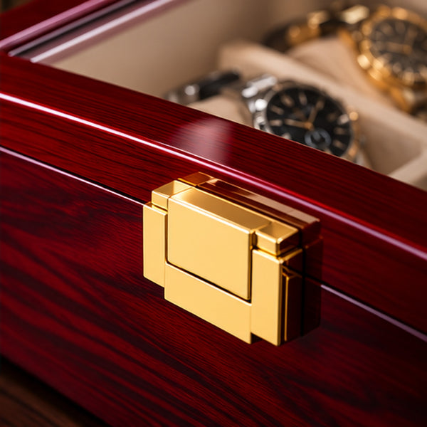Boîte à montres 6 emplacements en bois laqué bordeaux – détail du fermoir