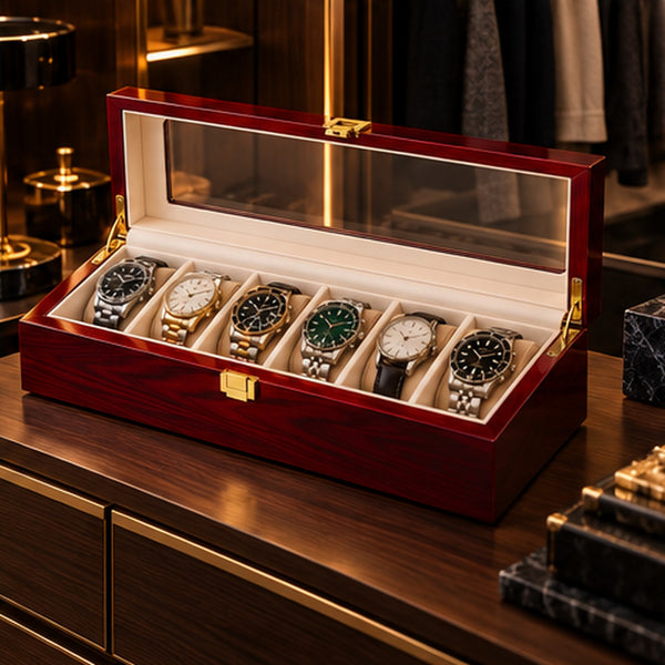 Boîte à montres 6 emplacements en bois laqué bordeaux – mise en situation dans un intérieur