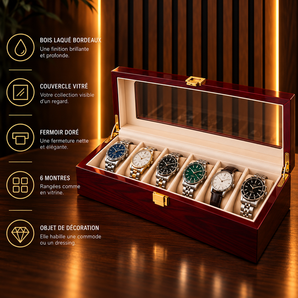 Boîte à montres 6 emplacements laqué bordeaux – caractéristiques : couvercle transparent, bois laqué brillant, fermoir doré – Complications Paris
