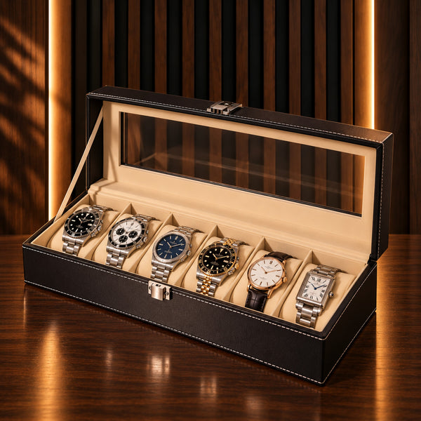 Boîte à montres 6 emplacements en similicuir noir – vue principale, couvercle ouvert