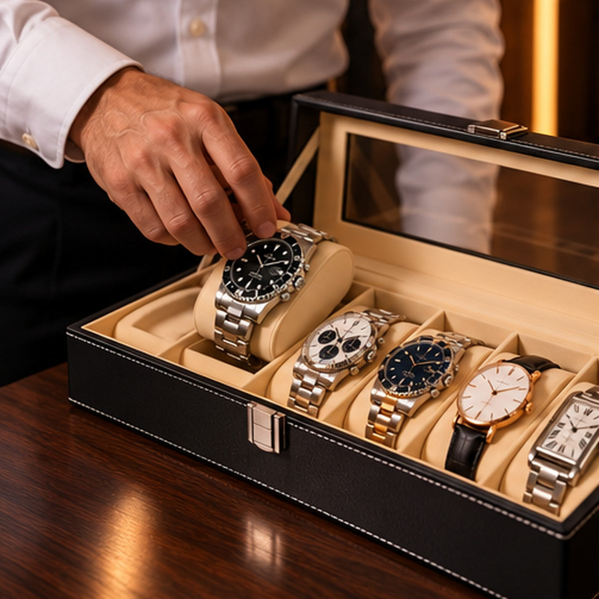 Boîte à montres 6 emplacements en similicuir noir – mise en situation dans un intérieur Image