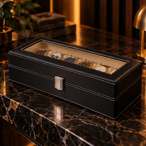 Boîte à montres 6 emplacements en similicuir noir – mise en situation dans un intérieur