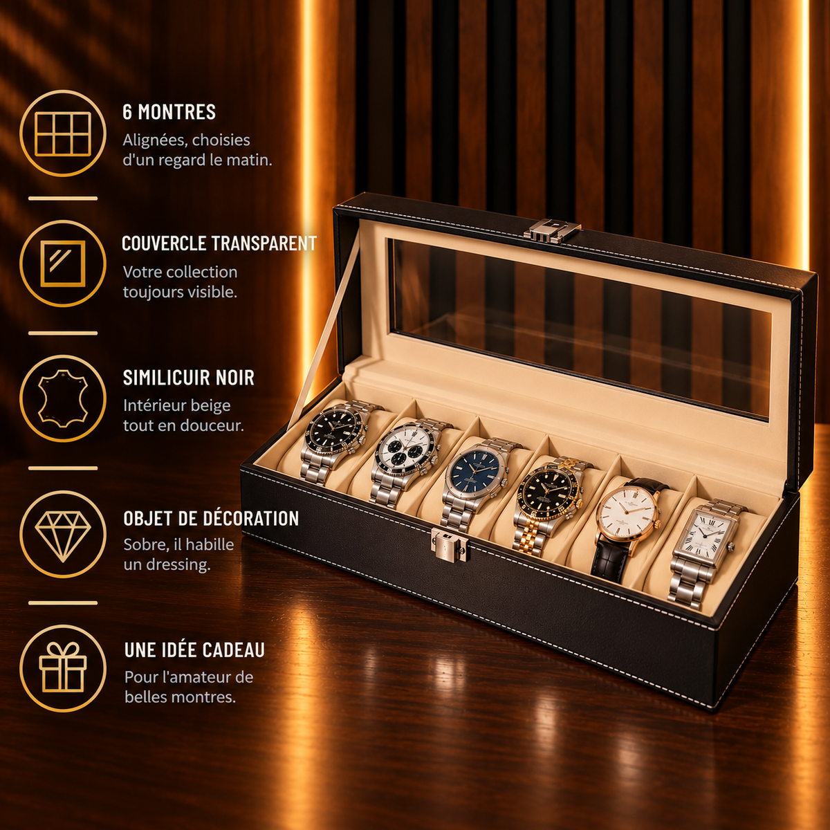 Boîte à montres 6 emplacements similicuir noir – caractéristiques : couvercle transparent, intérieur beige – Complications Paris