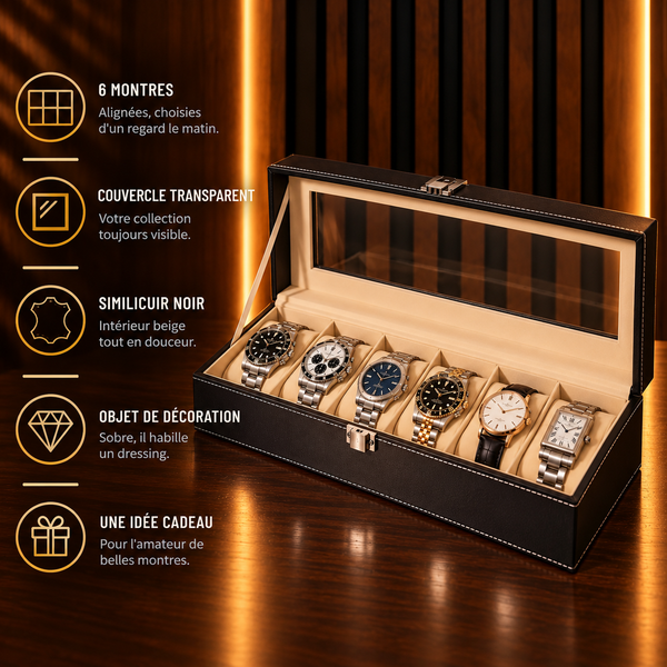 Boîte à montres 6 emplacements similicuir noir – caractéristiques : couvercle transparent, intérieur beige – Complications Paris