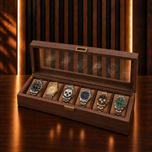 Boîte à montres 6 emplacements revêtement grain de noyer, couvercle vitré ouvert, coussins amovibles – Complications Paris