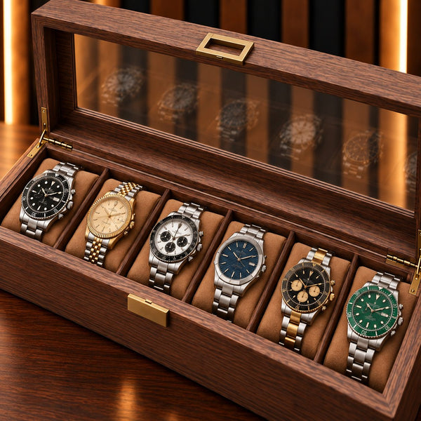 Boîte à montres 6 emplacements, gros plan sur les coussins et les montres installées – Complications Paris