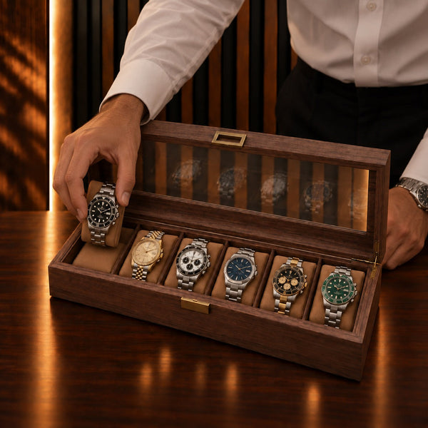 Main déposant une montre automatique sur le coussin d'une boîte à montres 6 emplacements – Complications Paris