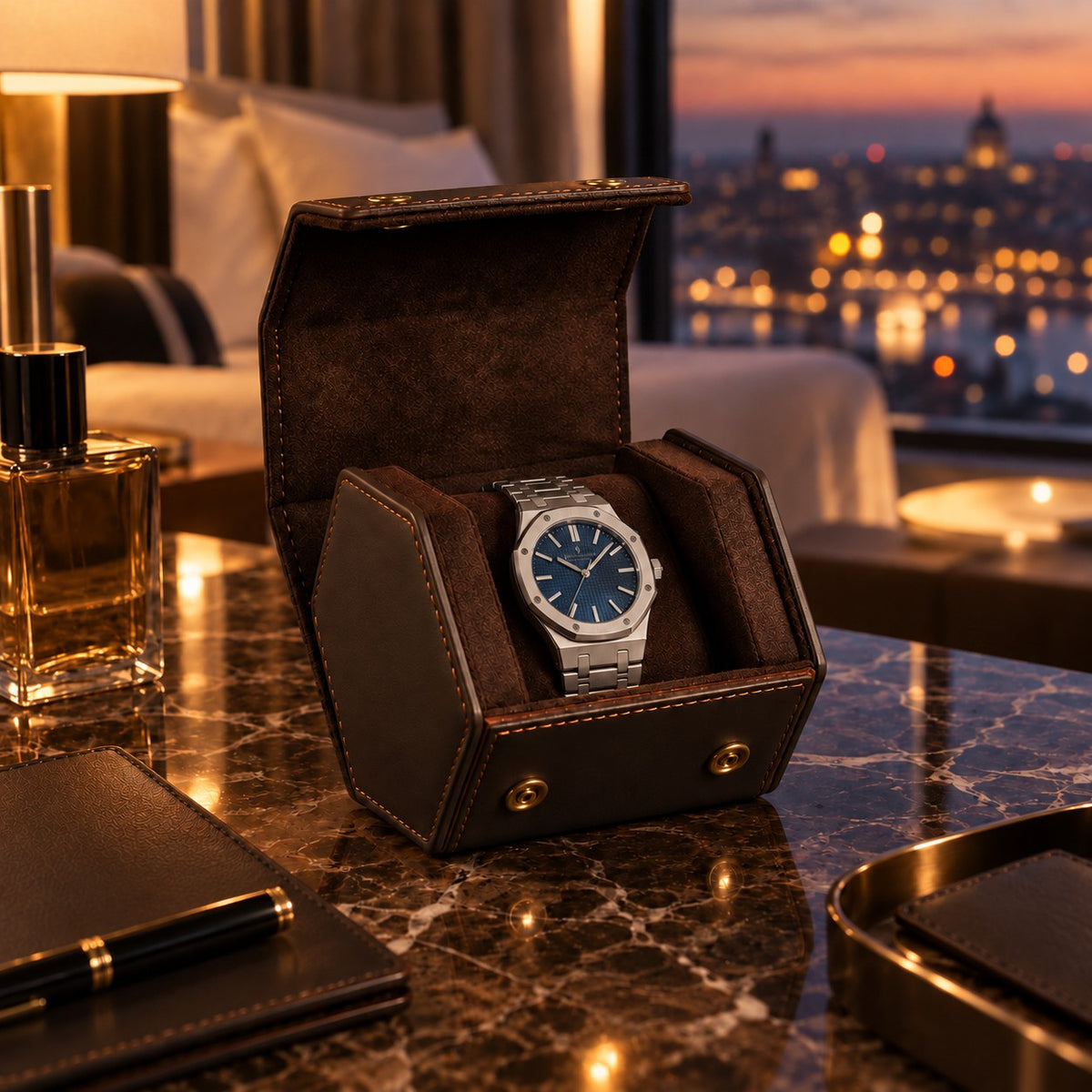 Étui de voyage 1 montre en cuir ouvert sur une table en marbre, chambre d'hôtel avec vue sur la ville au crépuscule – Complications Paris