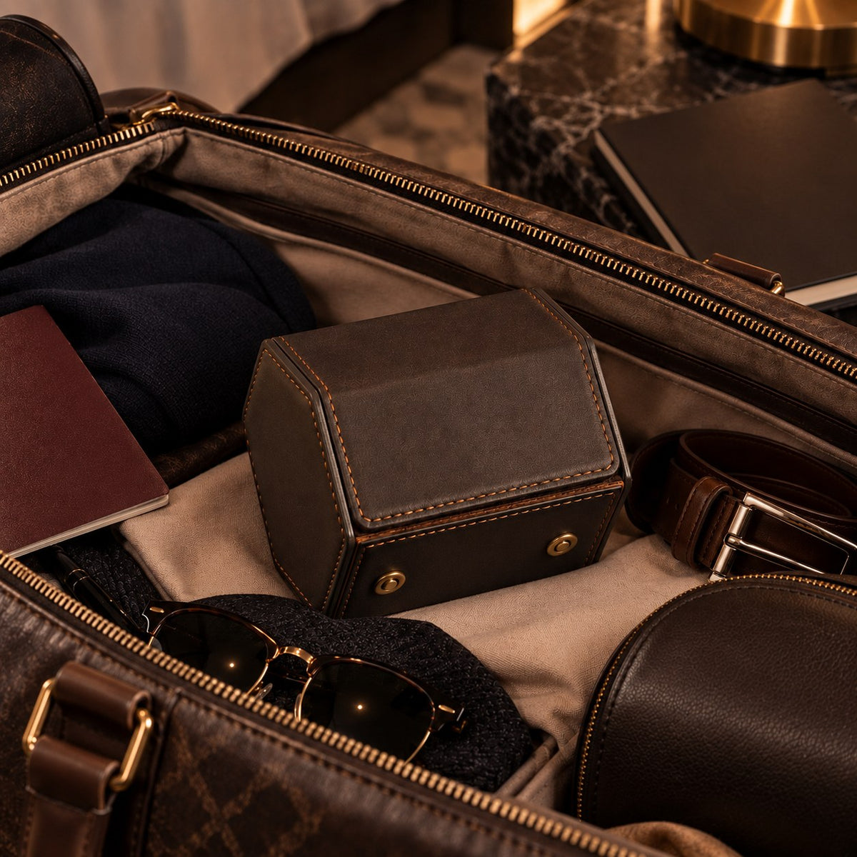 Étui de voyage 1 montre en cuir glissé dans un sac de voyage avec passeport, ceinture et lunettes – Complications Paris