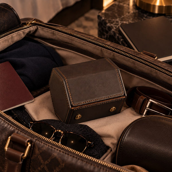 Étui de voyage 1 montre en cuir glissé dans un sac de voyage avec passeport, ceinture et lunettes – Complications Paris