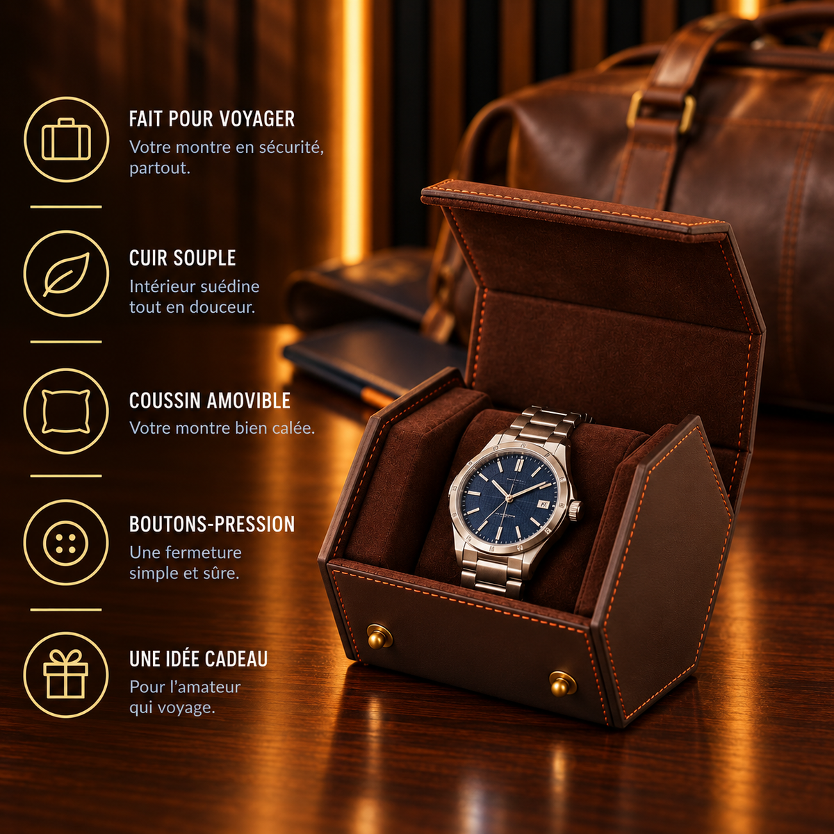Étui de voyage 1 montre en cuir – caractéristiques : intérieur suédine, coussin amovible, boutons-pression – Complications Paris