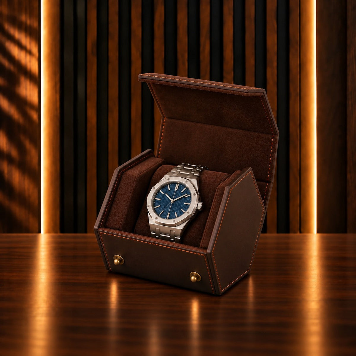 Étui de voyage 1 montre en cuir café, ouvert, montre sur coussin suédine – Complications Paris