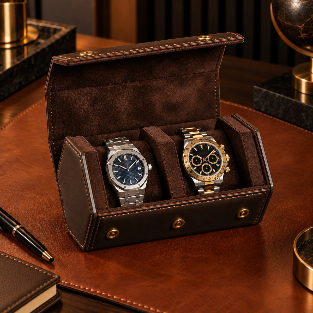 Étui de voyage 2 montres en cuir ouvert sur un sous-main en cuir, ambiance bureau – Complications Paris