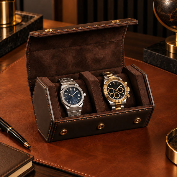 Étui de voyage 2 montres en cuir ouvert sur un sous-main en cuir, ambiance bureau – Complications Paris