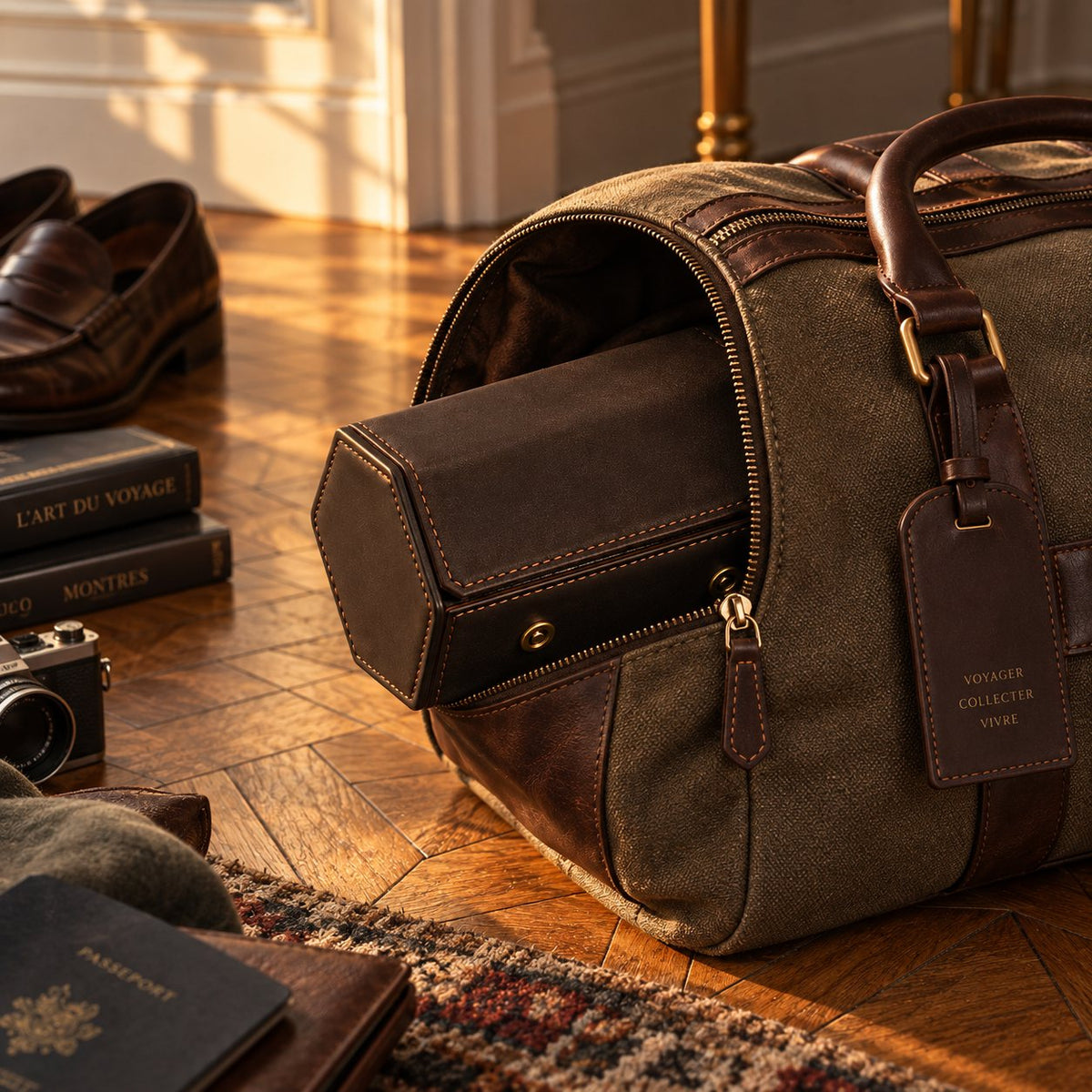 Étui de voyage 2 montres en cuir glissé dans un sac de voyage en toile, ambiance départ – Complications Paris