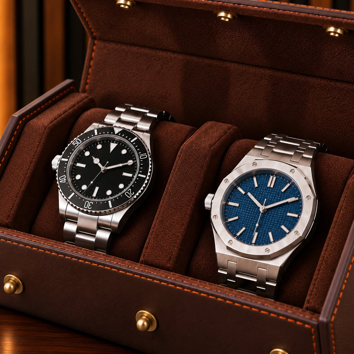 Étui de voyage 2 montres, gros plan sur le cuir, les surpiqûres et les coussins suédine – Complications Paris