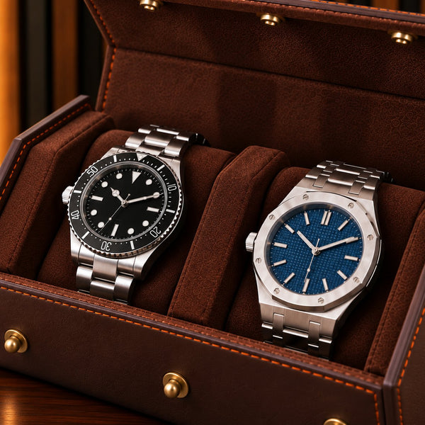 Étui de voyage 2 montres, gros plan sur le cuir, les surpiqûres et les coussins suédine – Complications Paris
